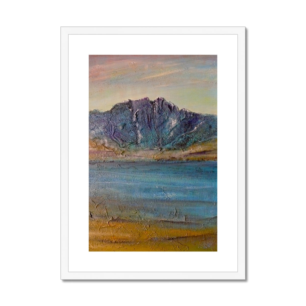 Torridon II blue mountain landscape art print in white frame
