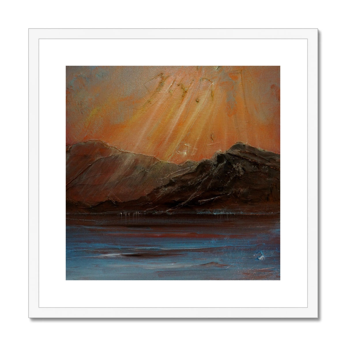 White framed Torridon III canvas print of mountain landscape in orange blue hues
