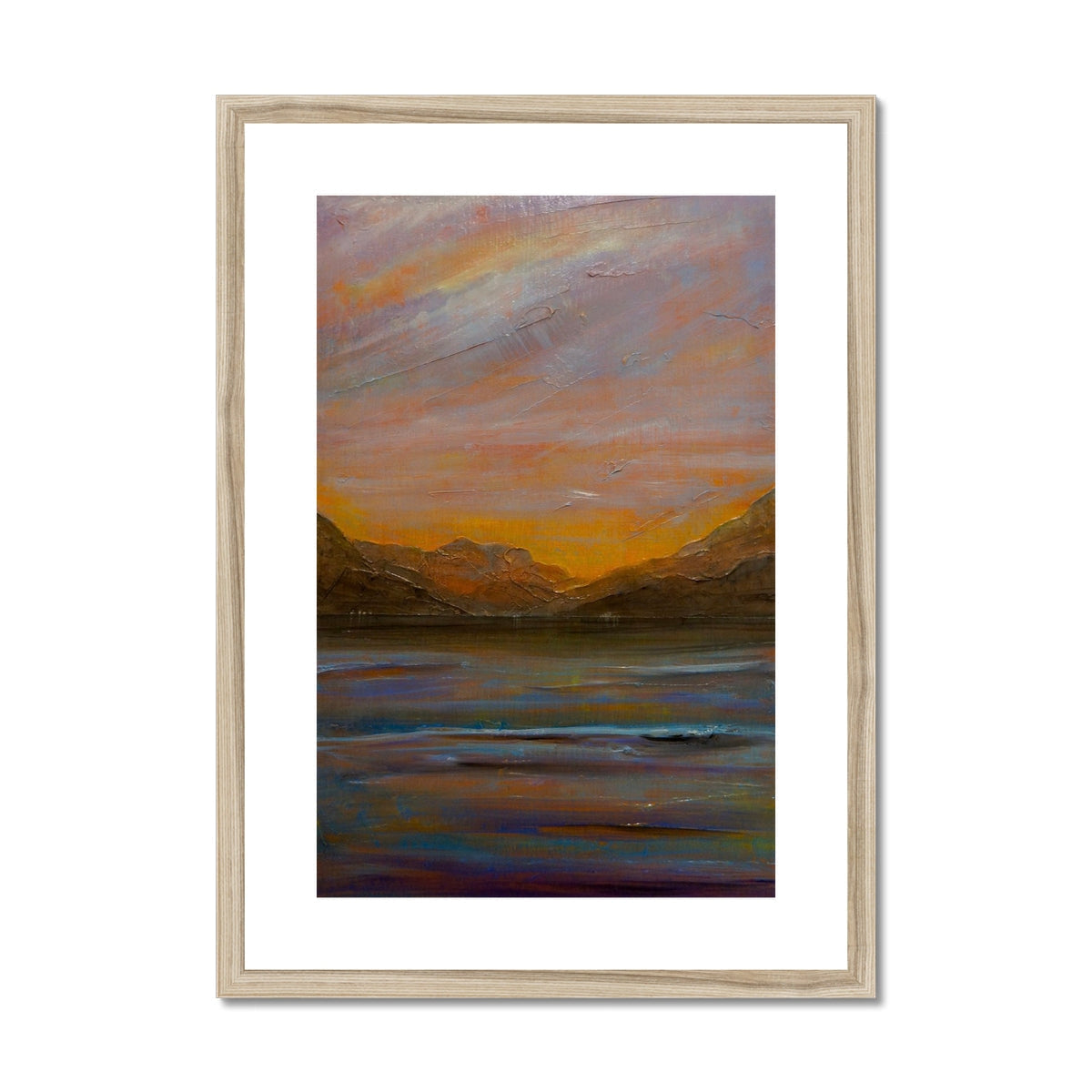 Framed abstract Towards Loch Long print with orange-purple skies over mountains in water