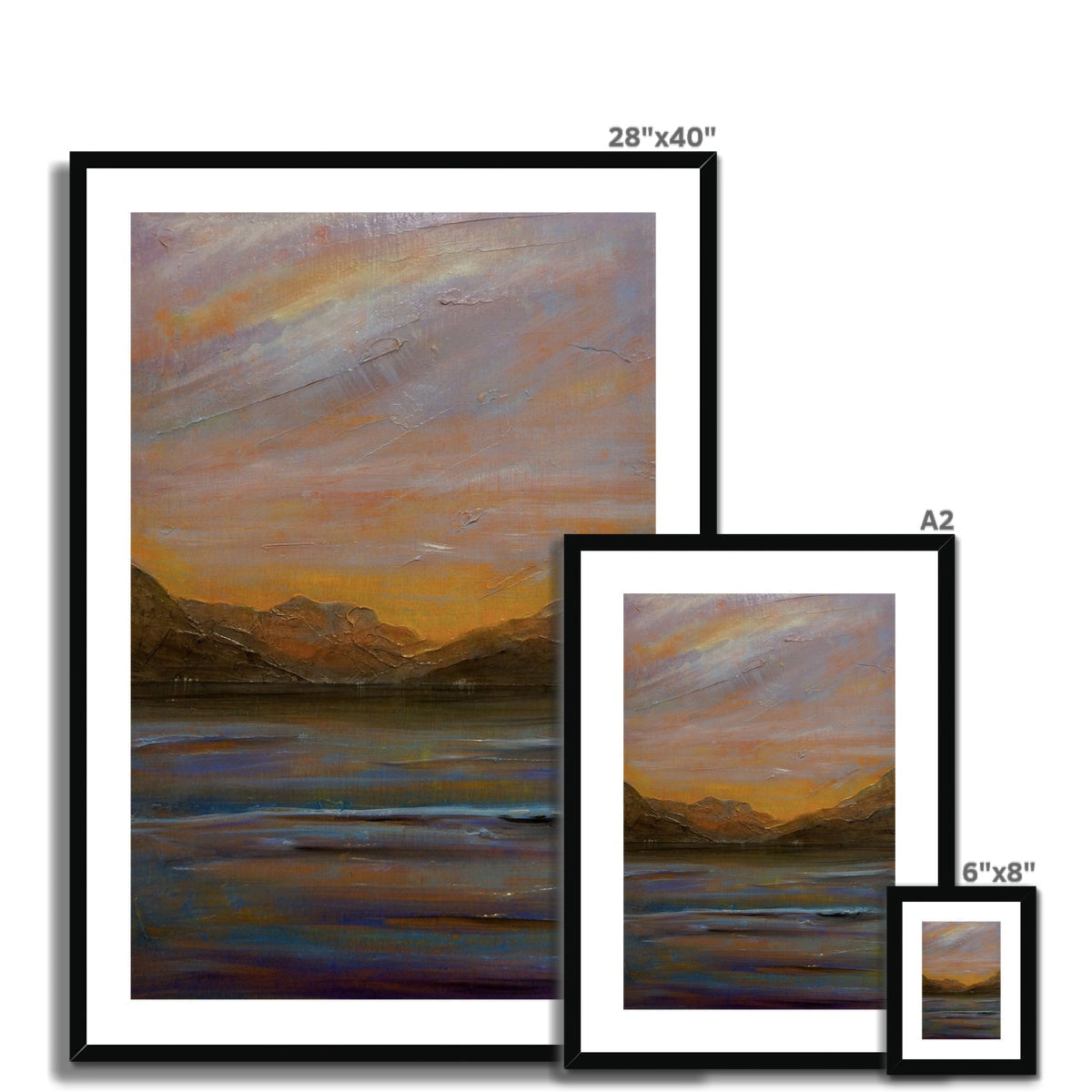 Framed Towards Loch Long print: sunset over water with distant mountains