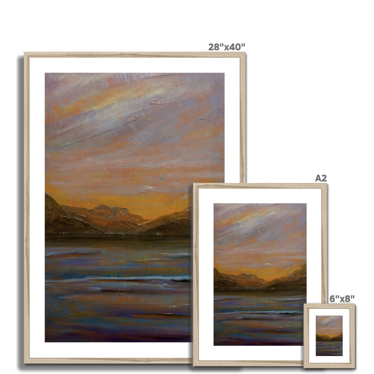 Framed abstract Towards Loch Long print with orange purple skies over mountains