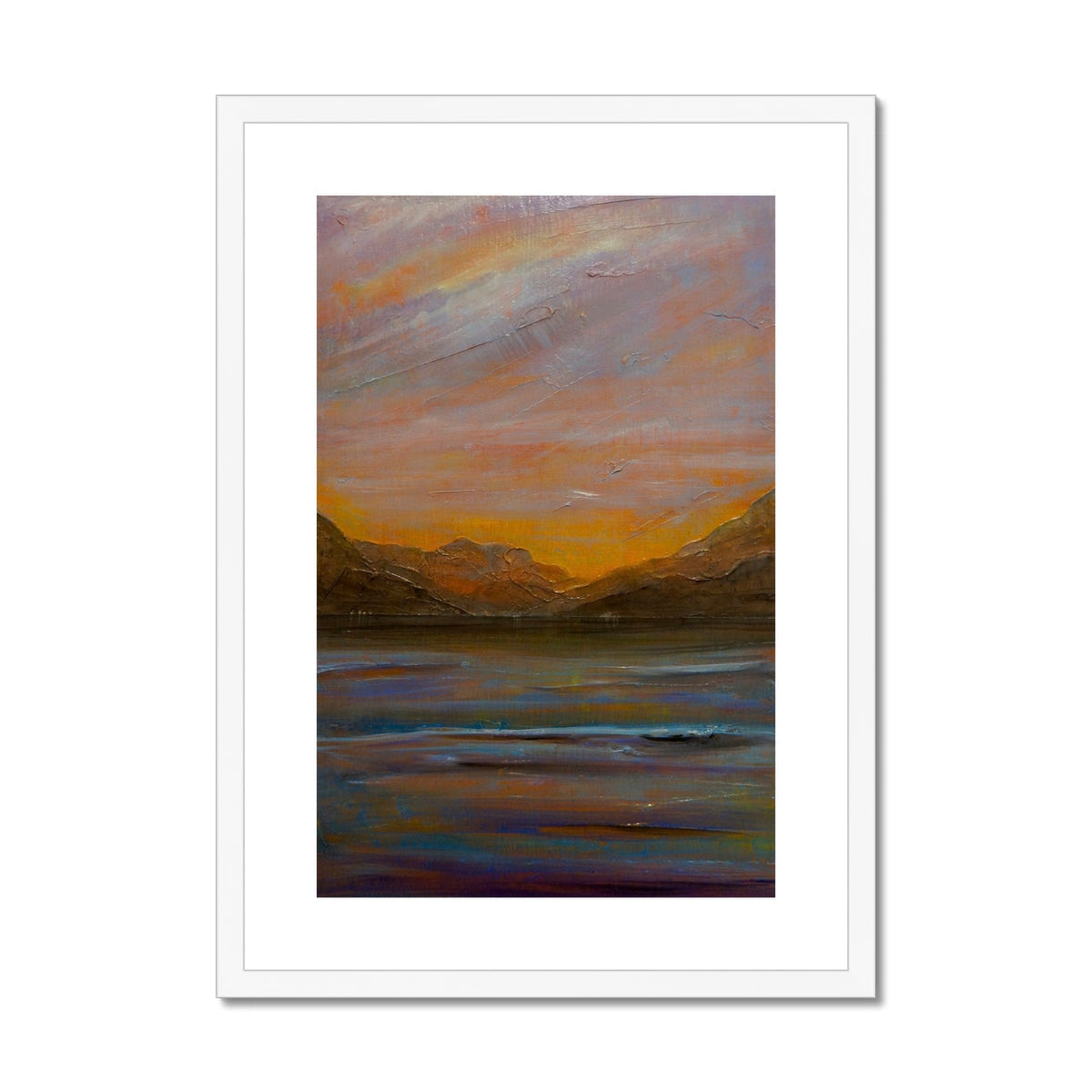 Framed abstract Towards Loch Long print with orange-purple skies over mountains