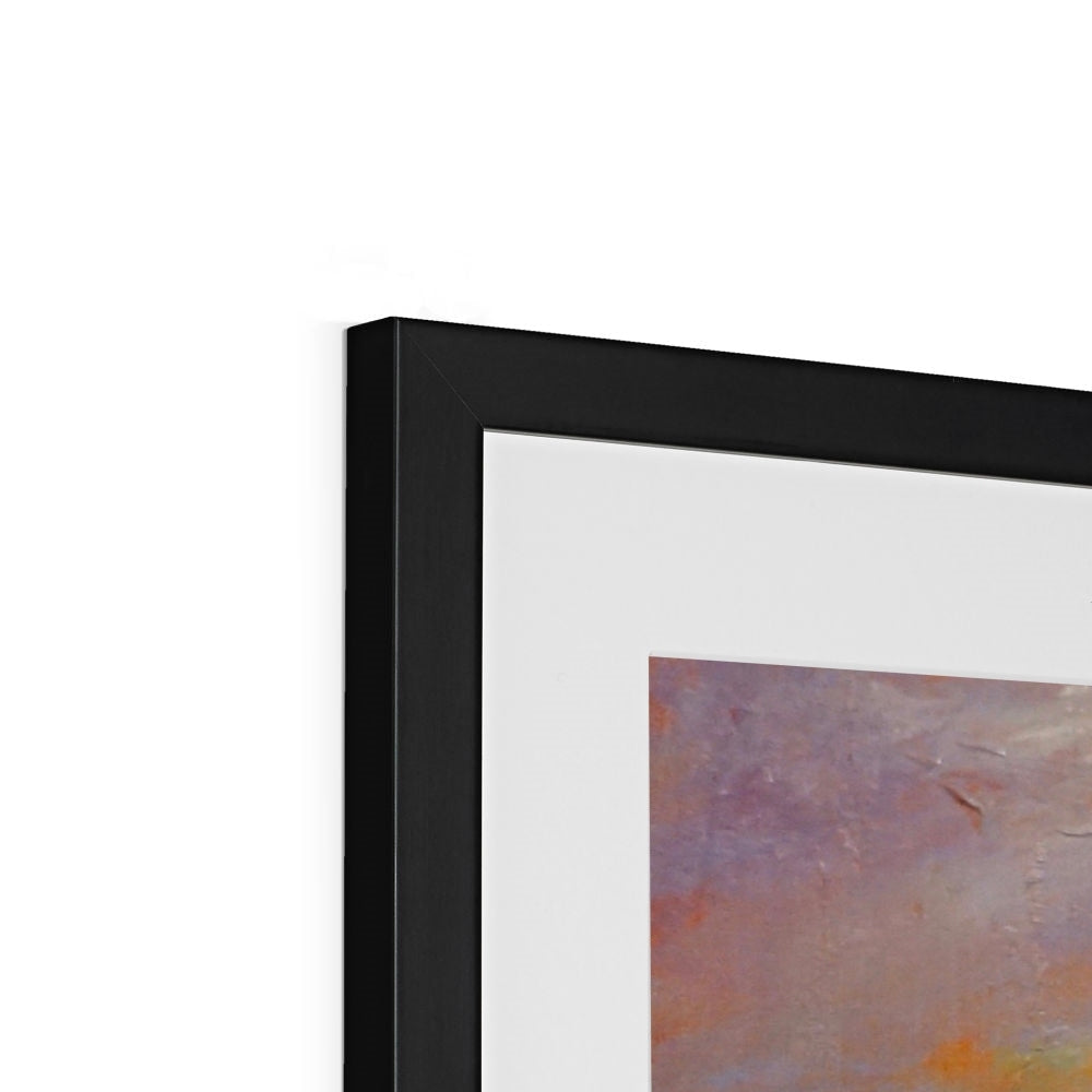 Black framed abstract painting with purple pink orange brushstrokes Towards Loch Long