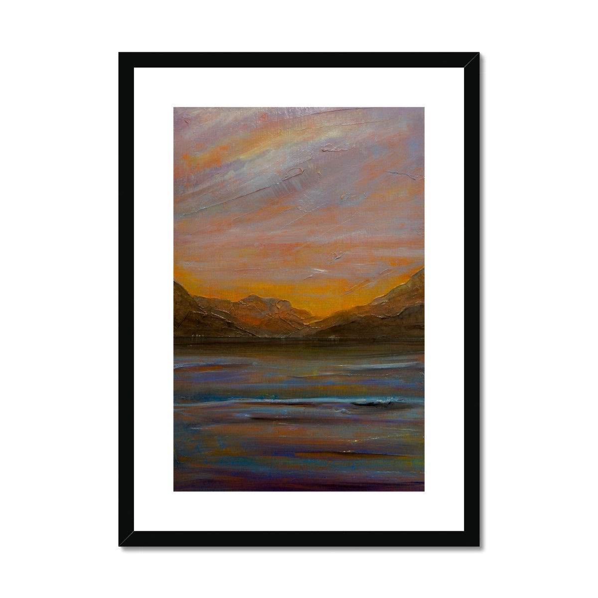 Framed Towards Loch Long abstract landscape print with orange purple skies