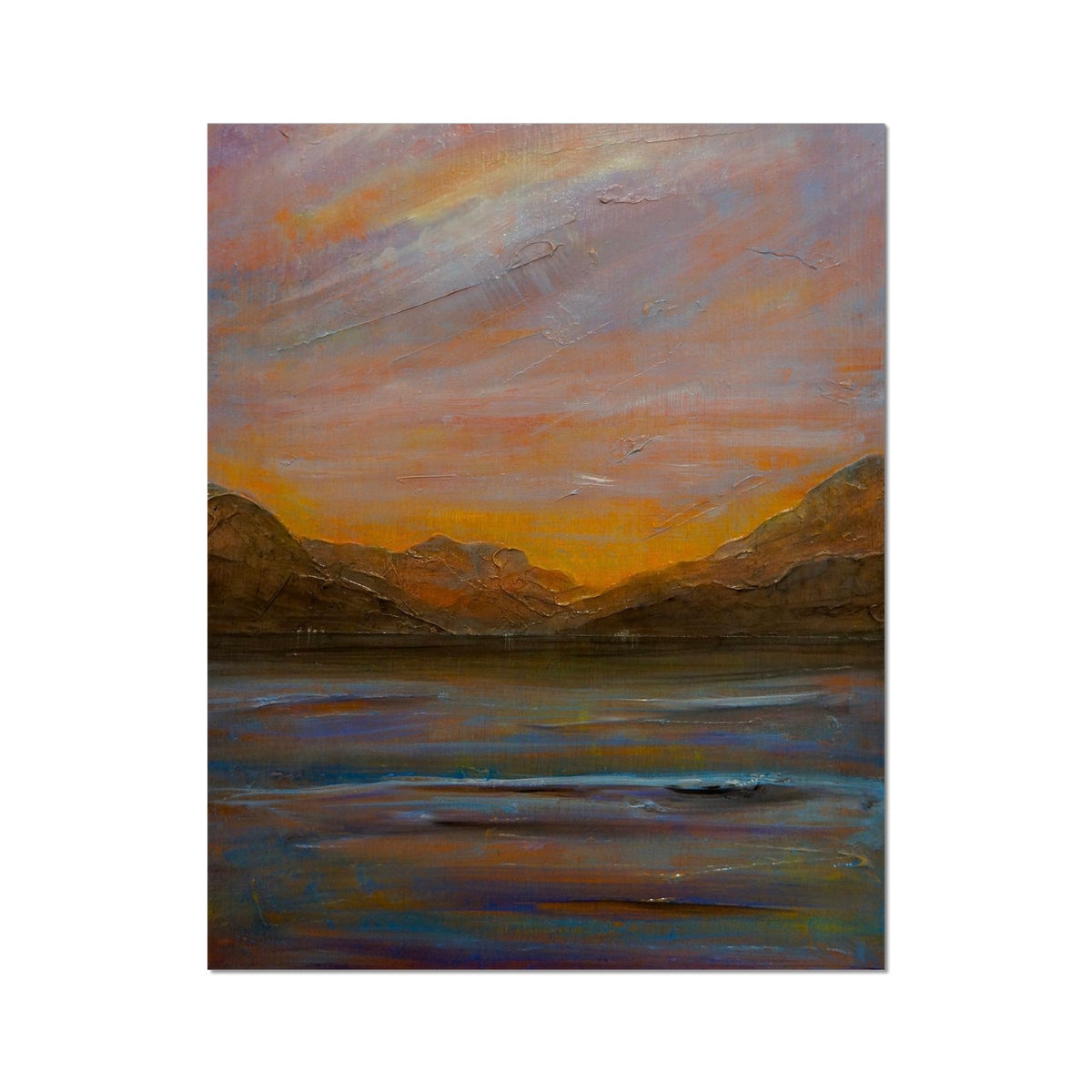 Serene sunset over mountains and water, Hahnemühle German Etching Print