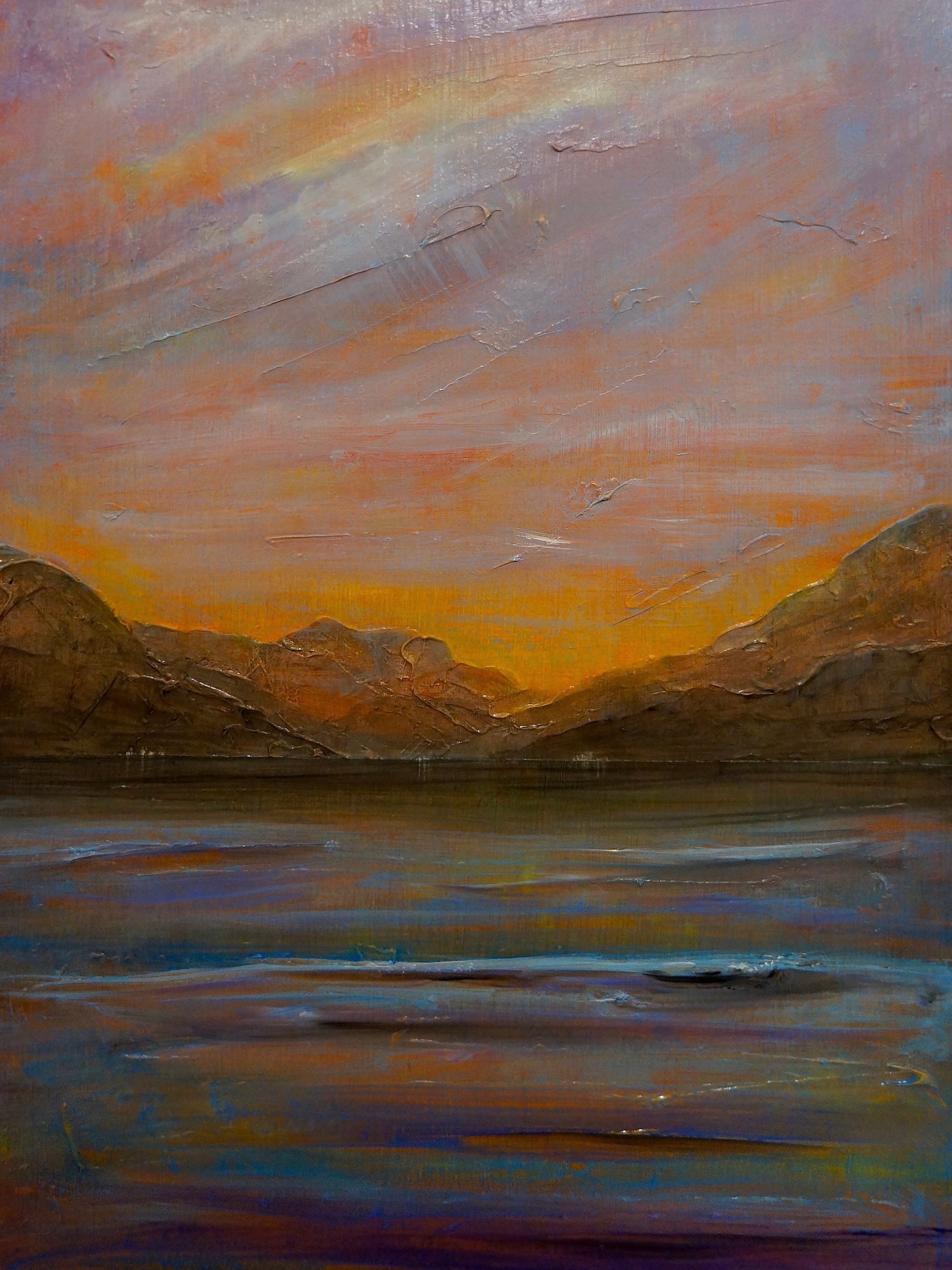 Oil painting of Loch Long mountains at sunset over water in the Towards Loch Long Original Painting