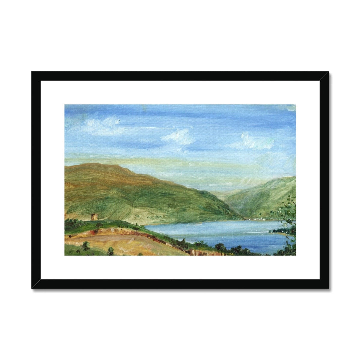 Tower Hill framed black-framed print of rolling green hills, serene blue lake, and cloudy sky