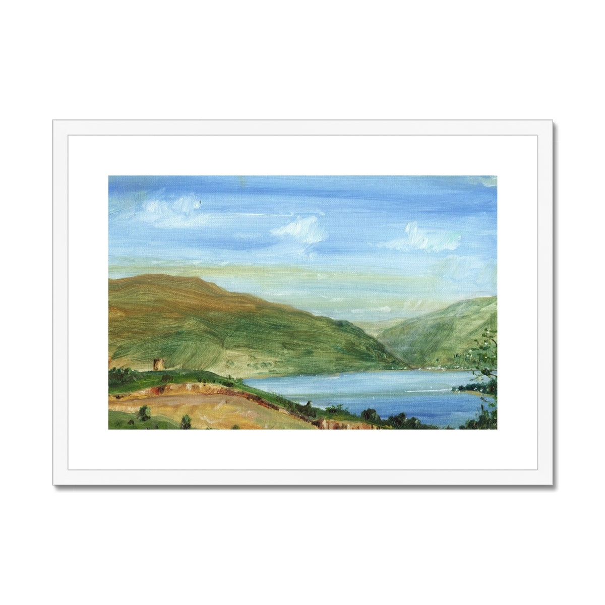 Tower Hill framed print of rolling green hills, blue lake, and cloudy sky