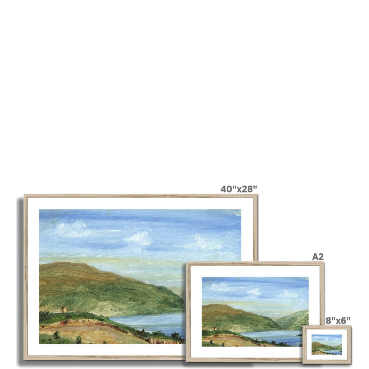 Tower Hill framed serene landscape print with green hills and lake