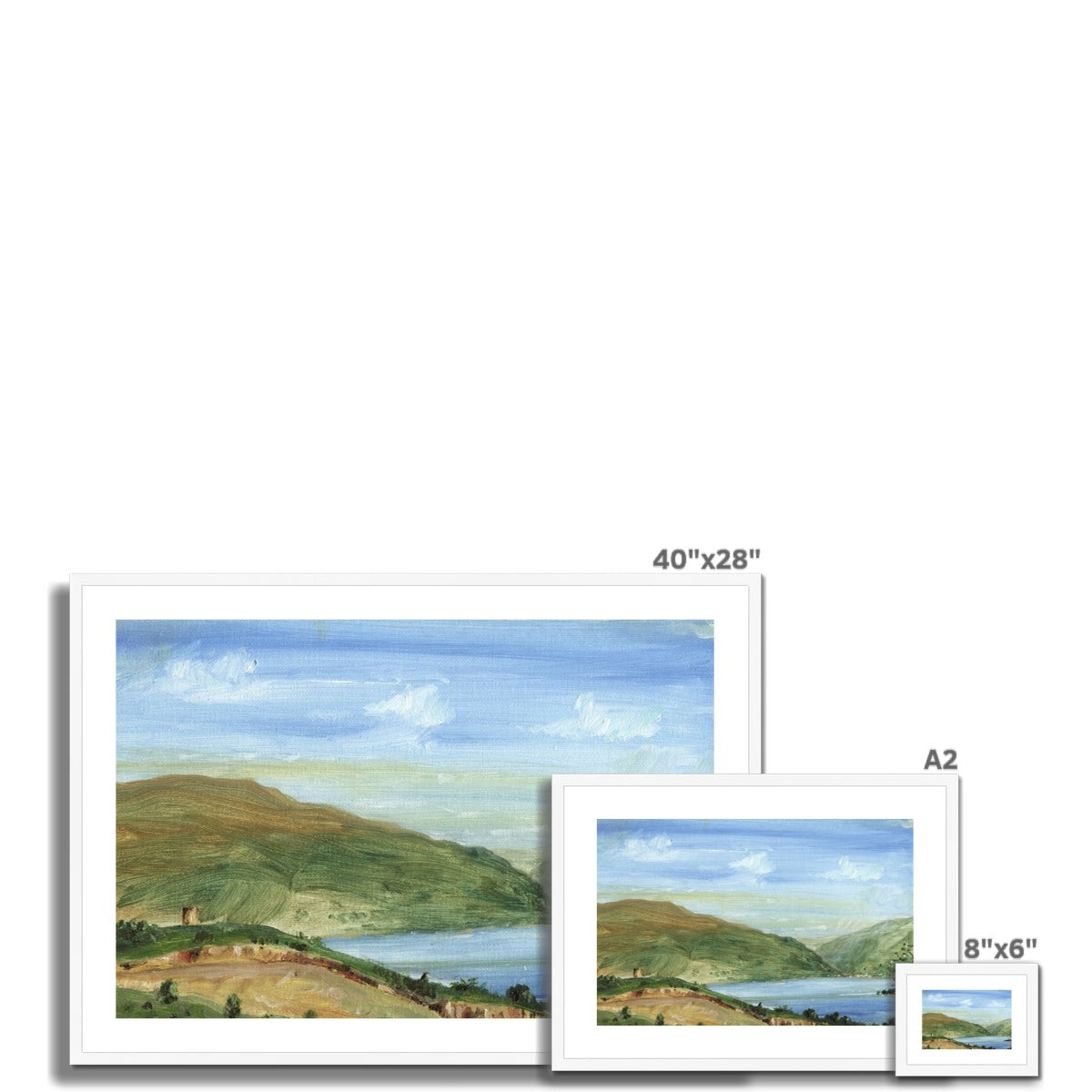 Tower Hill framed print of rolling green hills, blue lake, and cloudy sky