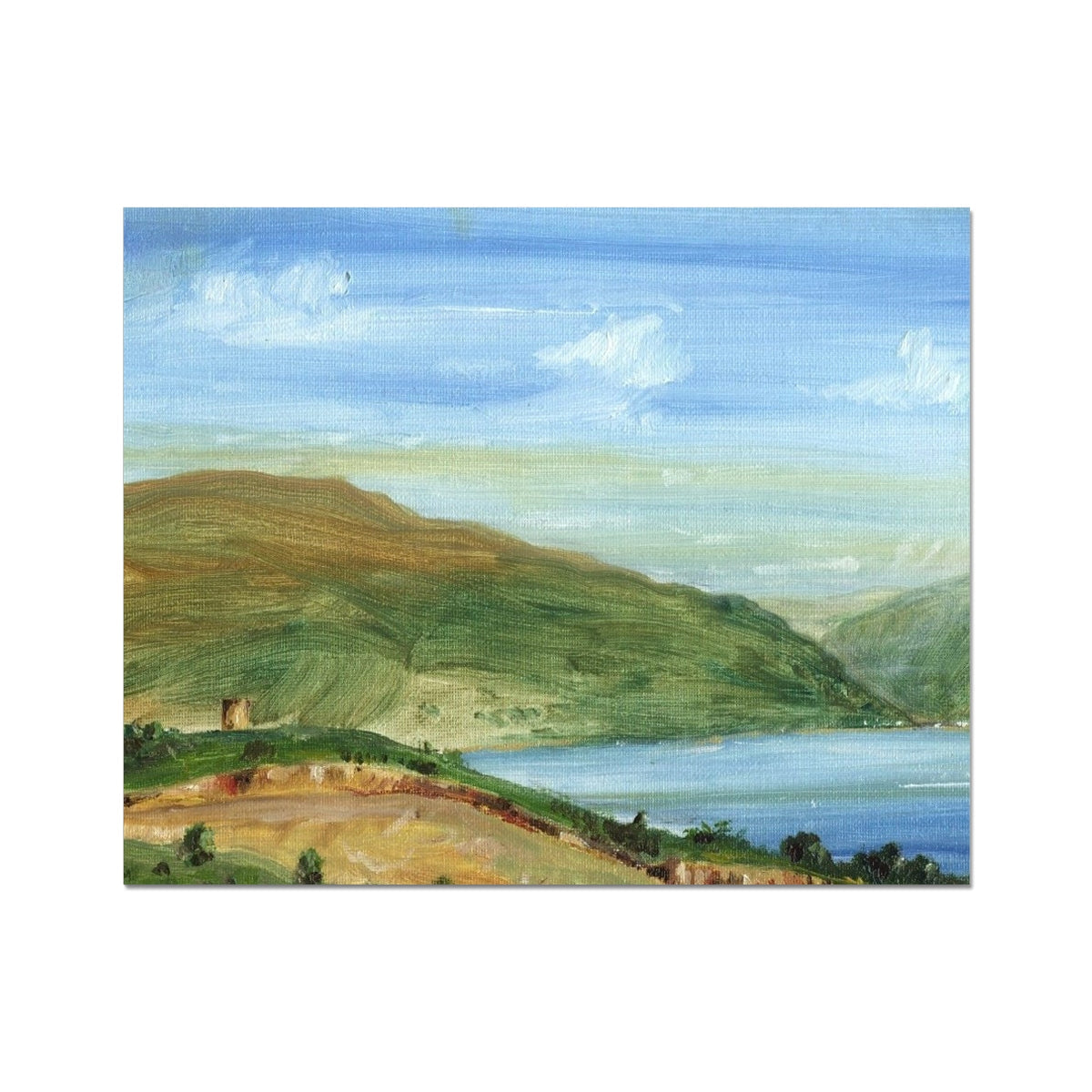 Tower Hill Hahnemuhle German Etching Print of serene green hills and blue lake