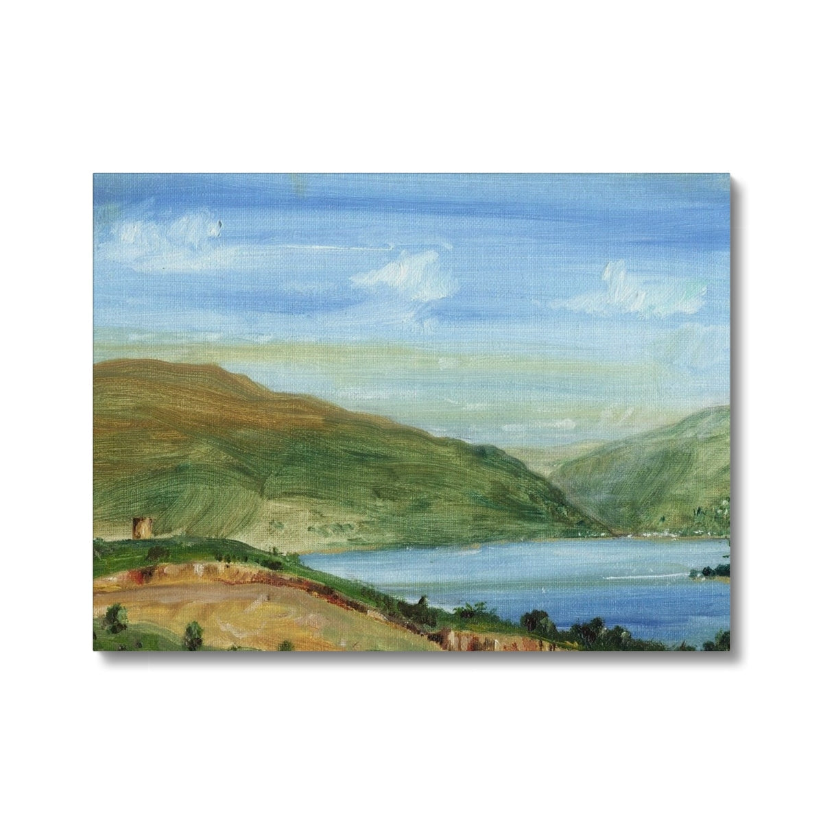 Tower Hill Canvas: serene landscape with green hills, blue lake, cloudy sky