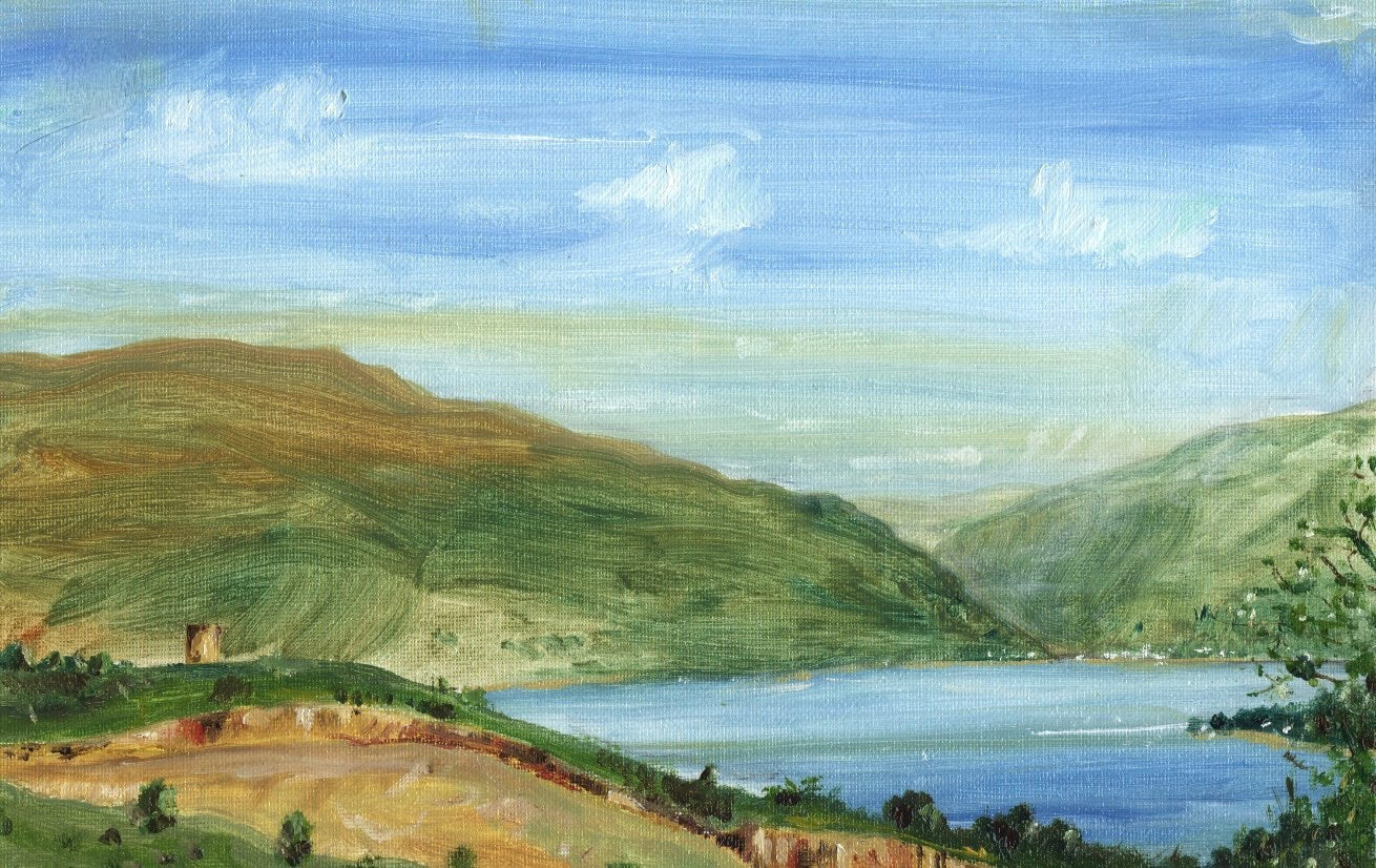 Tower Hill original Scottish landscape oil painting of serene green hills and blue lake