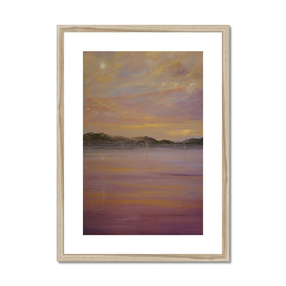 Tranquil Clyde purple landscape painting in wooden frame with white mat