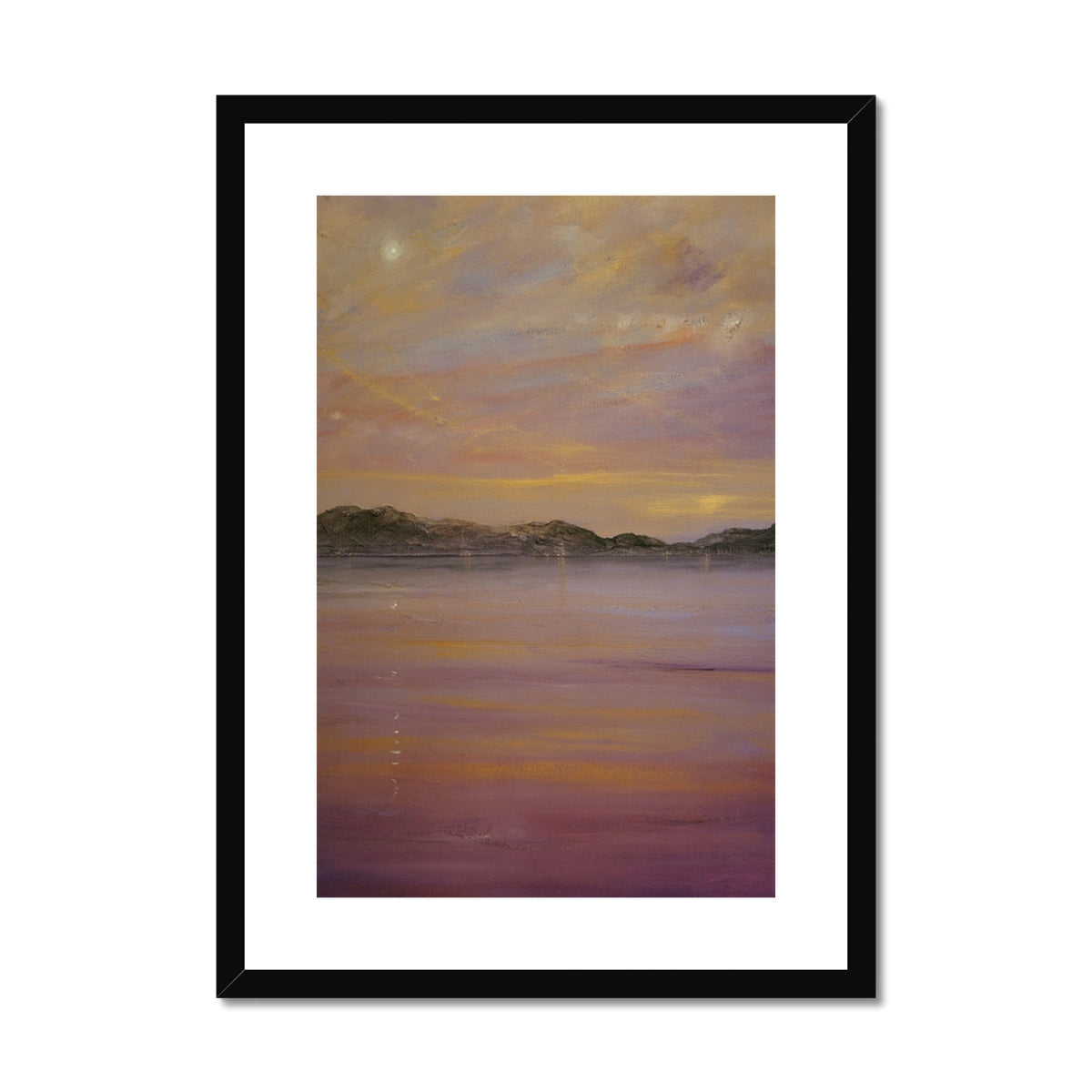 Tranquil Clyde sunset canvas print in black frame with purple orange hues