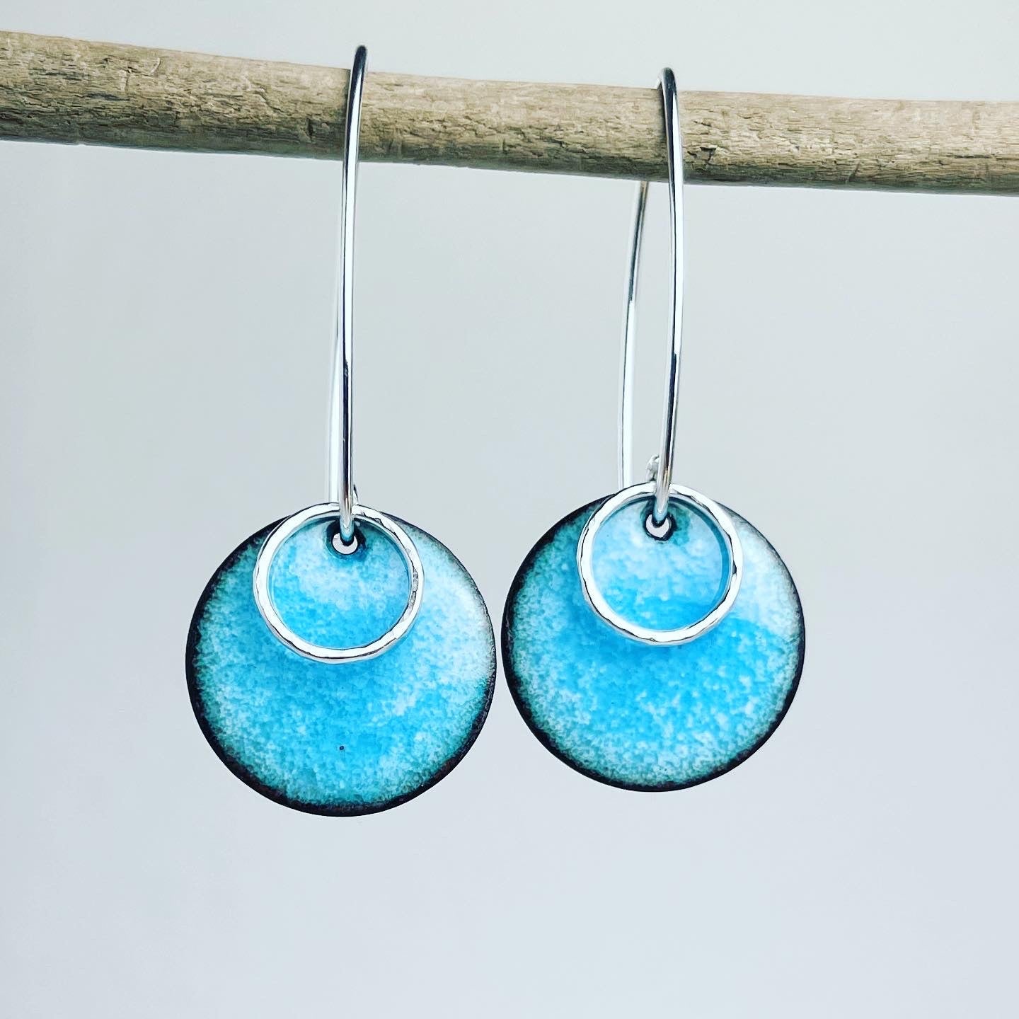 Turquoise enamel disc earrings with silver hoops by Lindsay Mcdowall Jewellery
