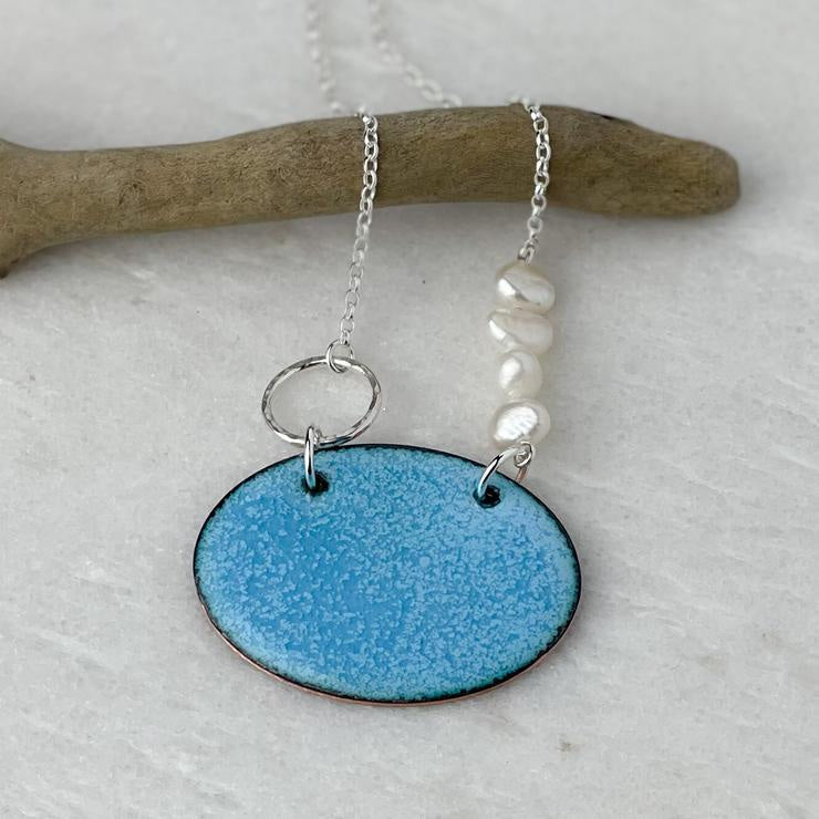 Turquoise oval necklace with blue enamel pendant and pearls by Lindsay Mcdowall Jewellery