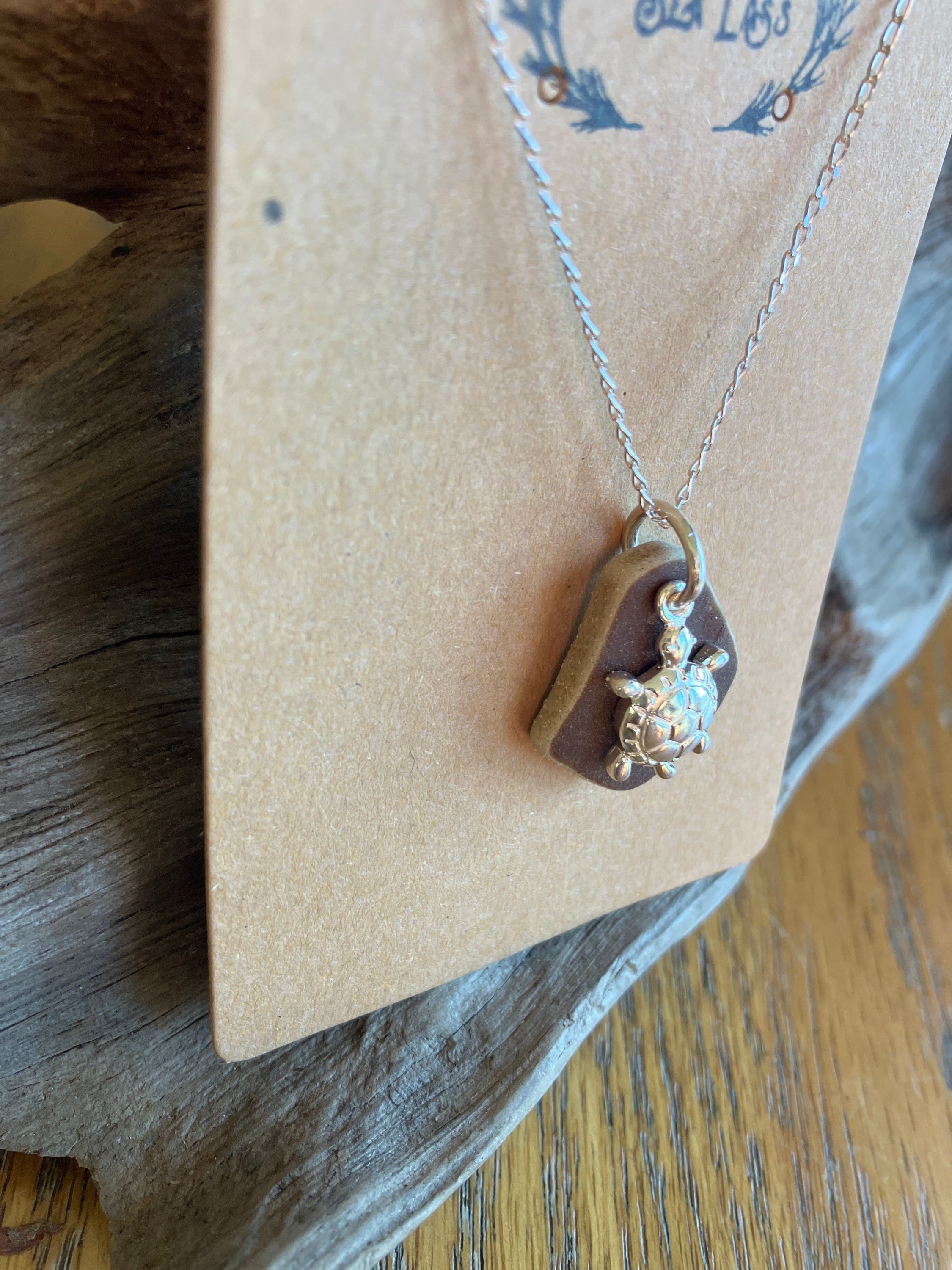 Silver chain necklace with a brown and gold Turtle Scottish Sea Pottery 925 pendant