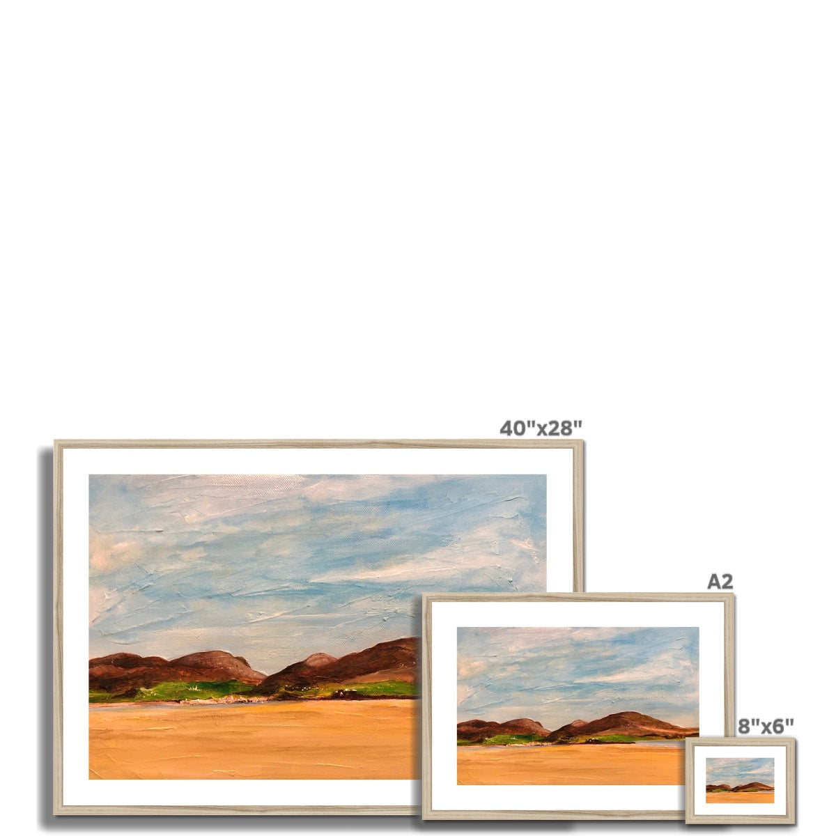 Beige-framed Uig Sands Lewis art print of desert hills under blue sky