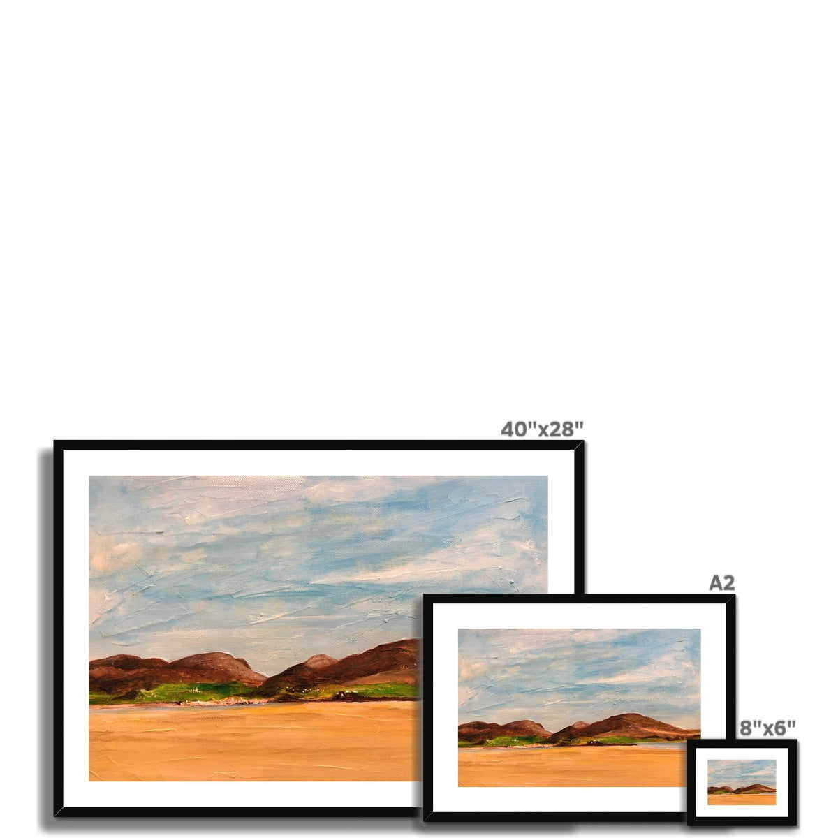 Black-framed Uig Sands Lewis art print of textured ochre sand landscape