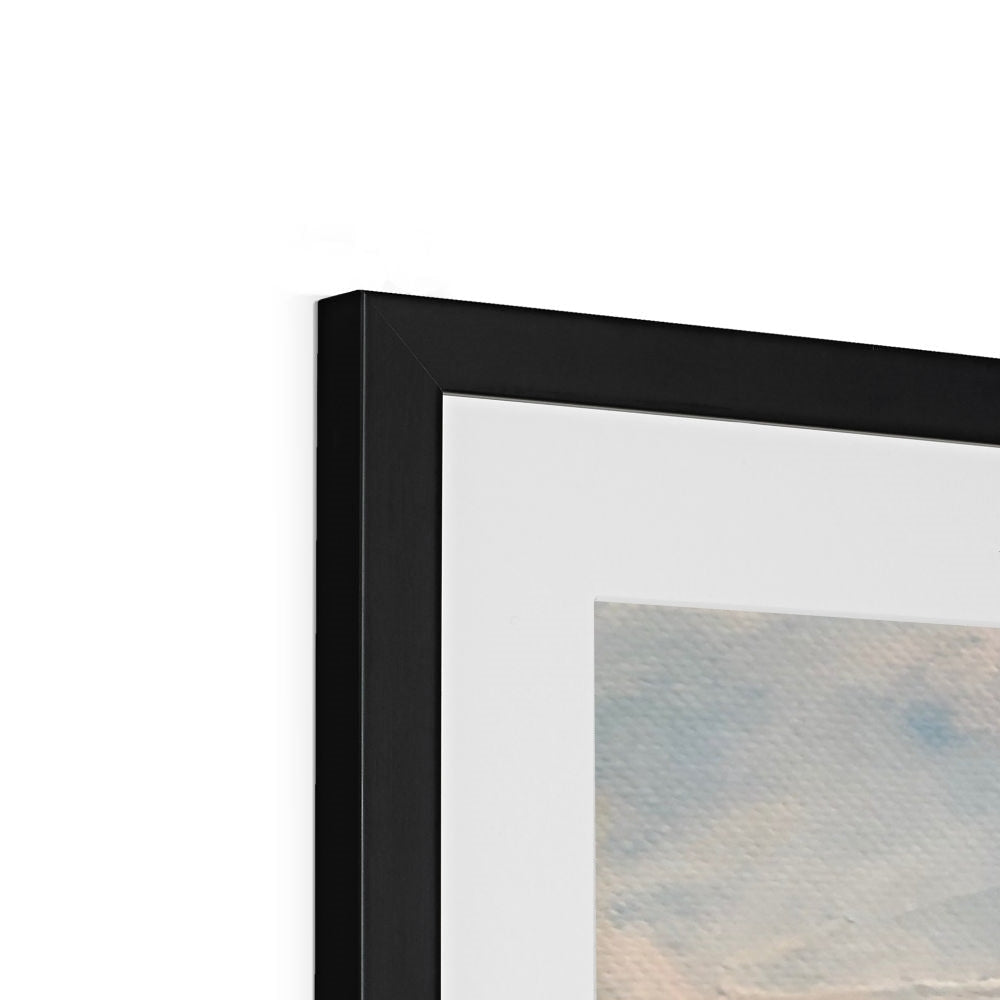 Minimalist Uig Sands Lewis art print in black frame with pastel blue and beige tones