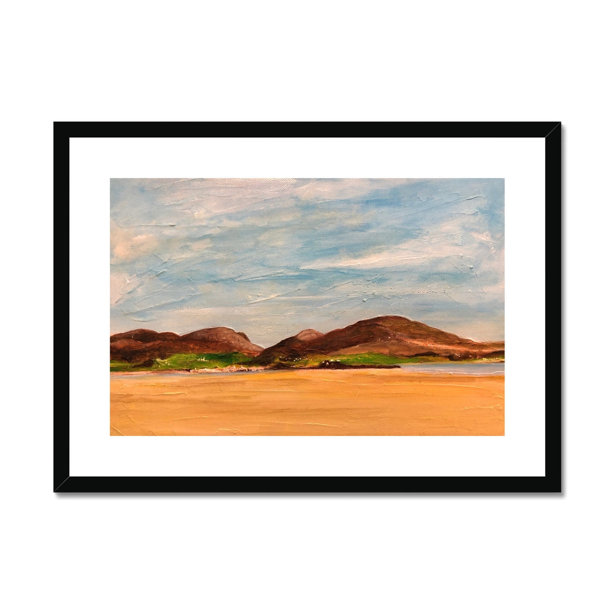 Framed Uig Sands Lewis art print of textured brown hills and blue sky