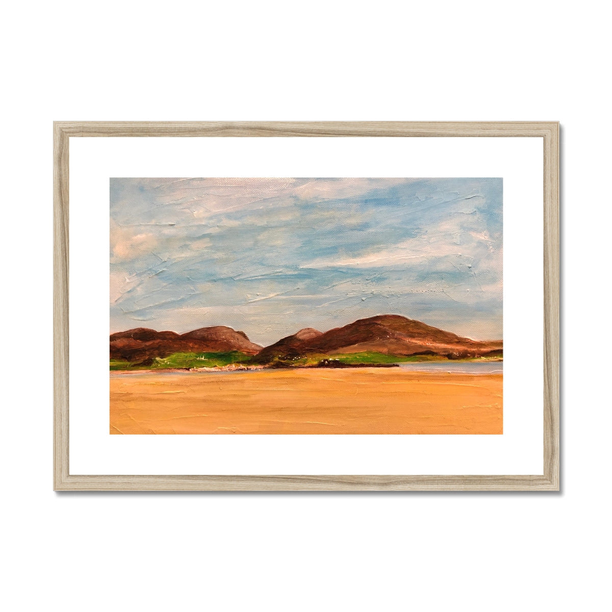 Framed Uig Sands Lewis art print of brown hills under blue sky