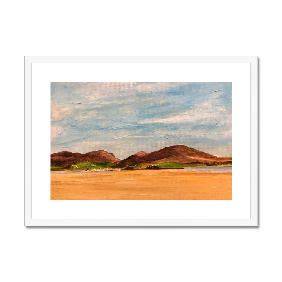 Uig Sands Lewis art print: textured beach, hills, sky painting