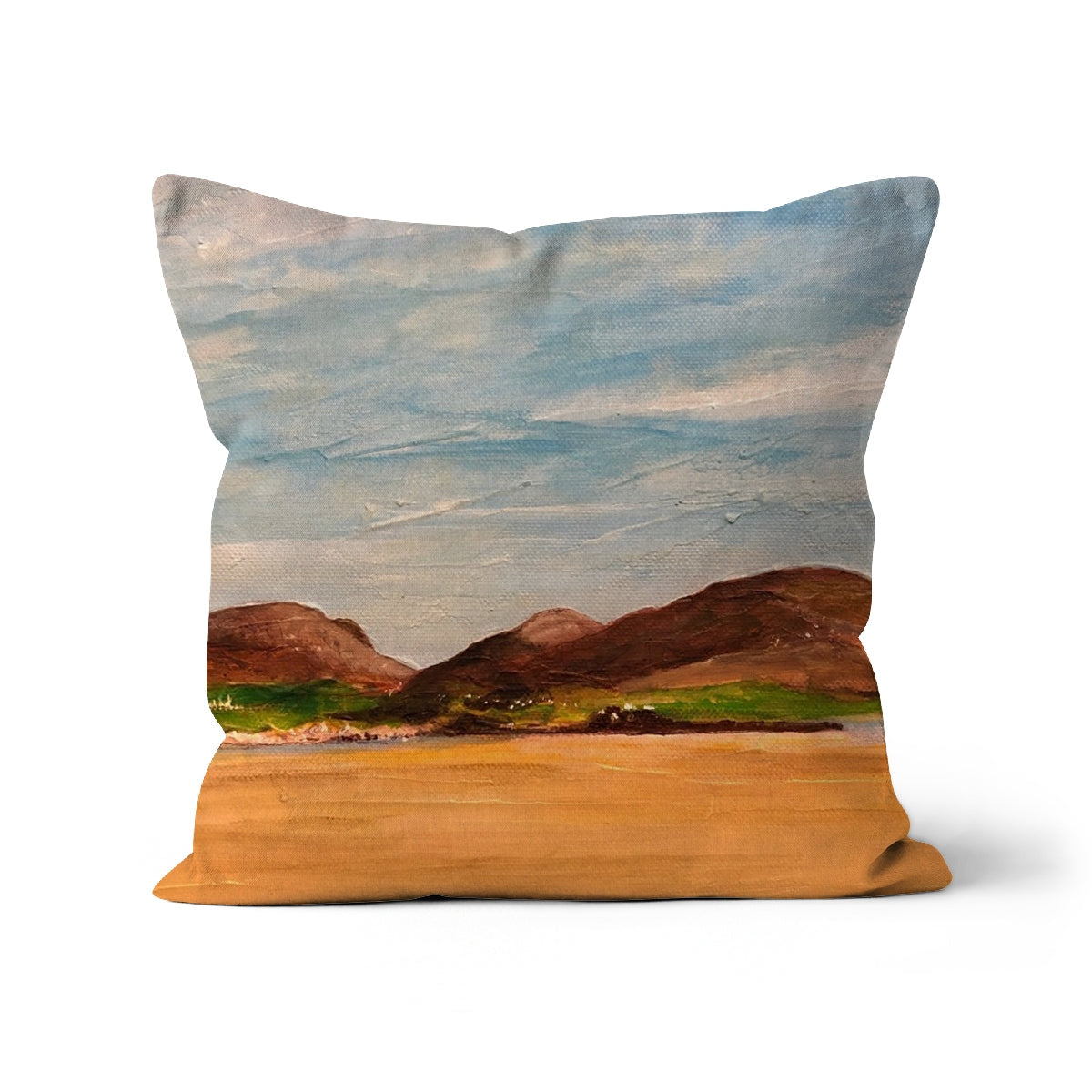 Uig Sands Lewis square cushion with impressionistic brown hills and blue sky