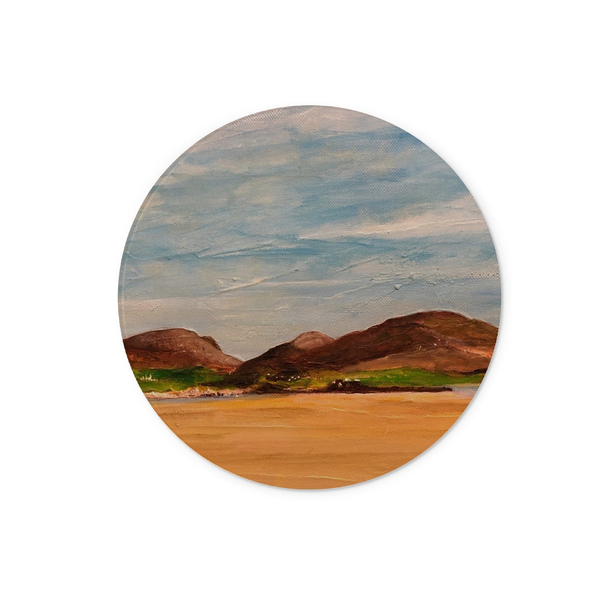 Uig Sands Lewis glass chopping board with painted landscape coaster