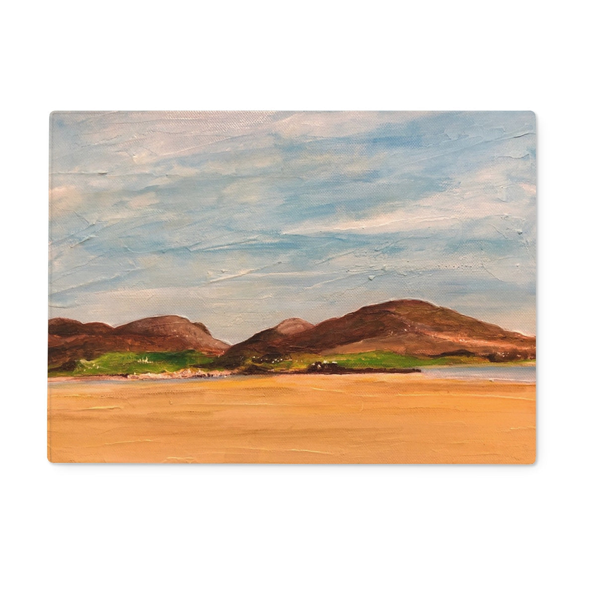 Serene coastal painting on Uig Sands Lewis glass chopping board