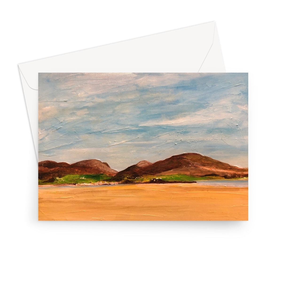 Uig Sands Lewis greeting card with impressionistic brown hills and blue sky