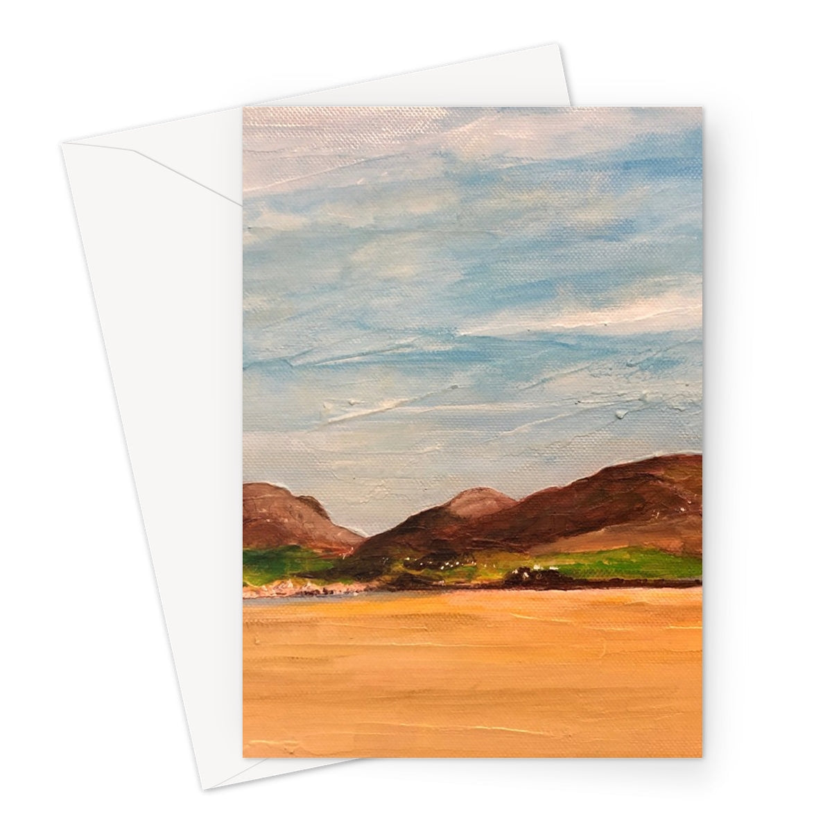 Uig Sands Lewis greeting card with impressionistic landscape of blue skies and brown hills