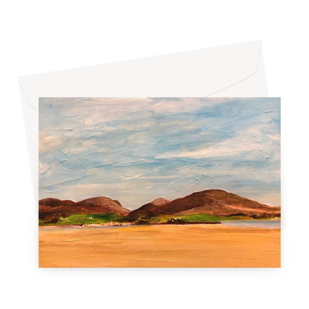 Uig Sands Lewis greeting card with impressionistic brown hills and blue sky