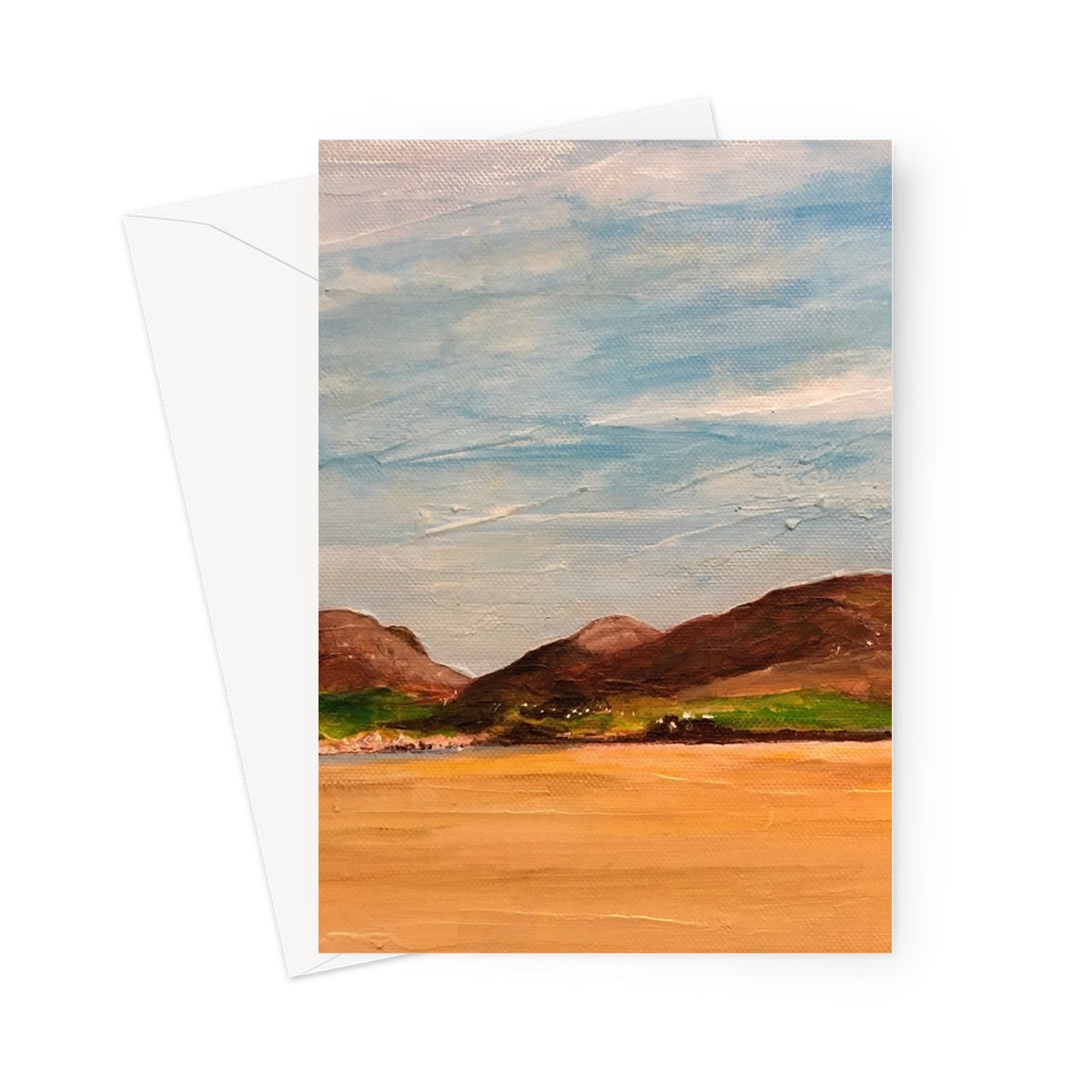 Uig Sands Lewis greeting card with impressionistic blue skies and brown hills