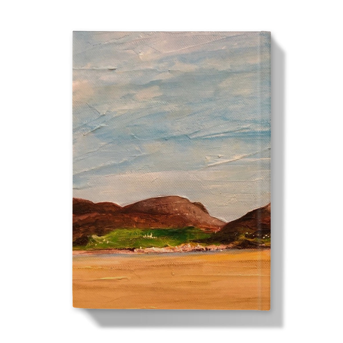 Textured oil painting of Uig Sands Lewis hills and shore on journal