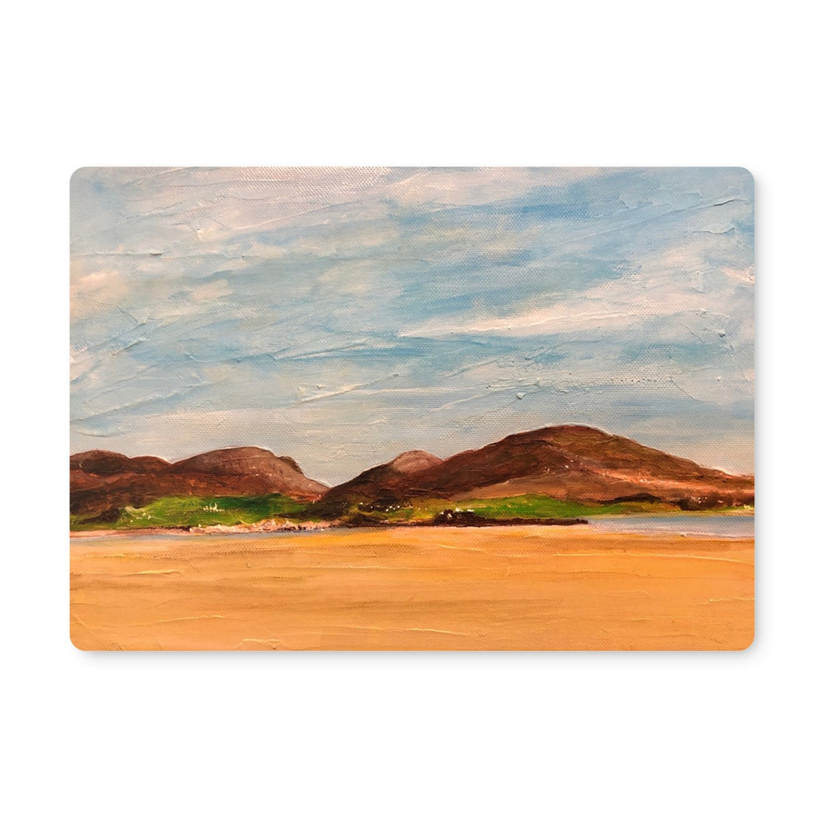 Uig Sands Lewis placemat with oil painting of brown hills, blue sky, green grass, orange shore