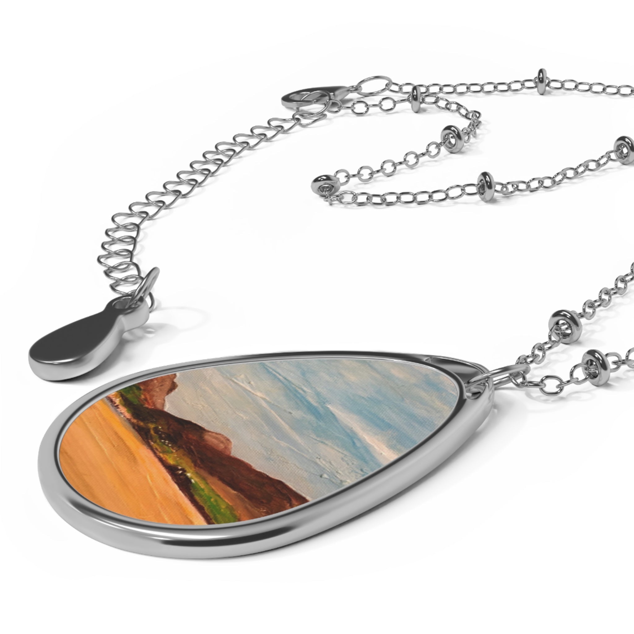 Silver teardrop pendant necklace with Uig Sands Lewis painted landscape