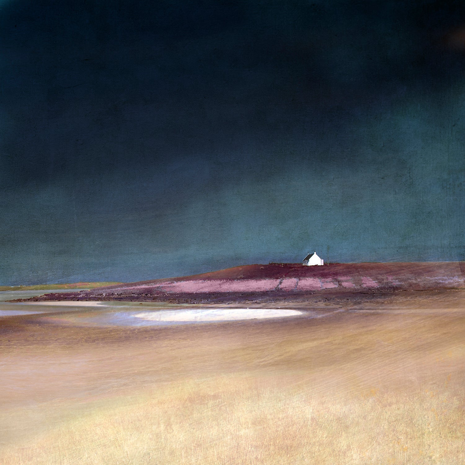Uist machair print featuring a solitary white house on a purple hill under a dark moody sky wall art print