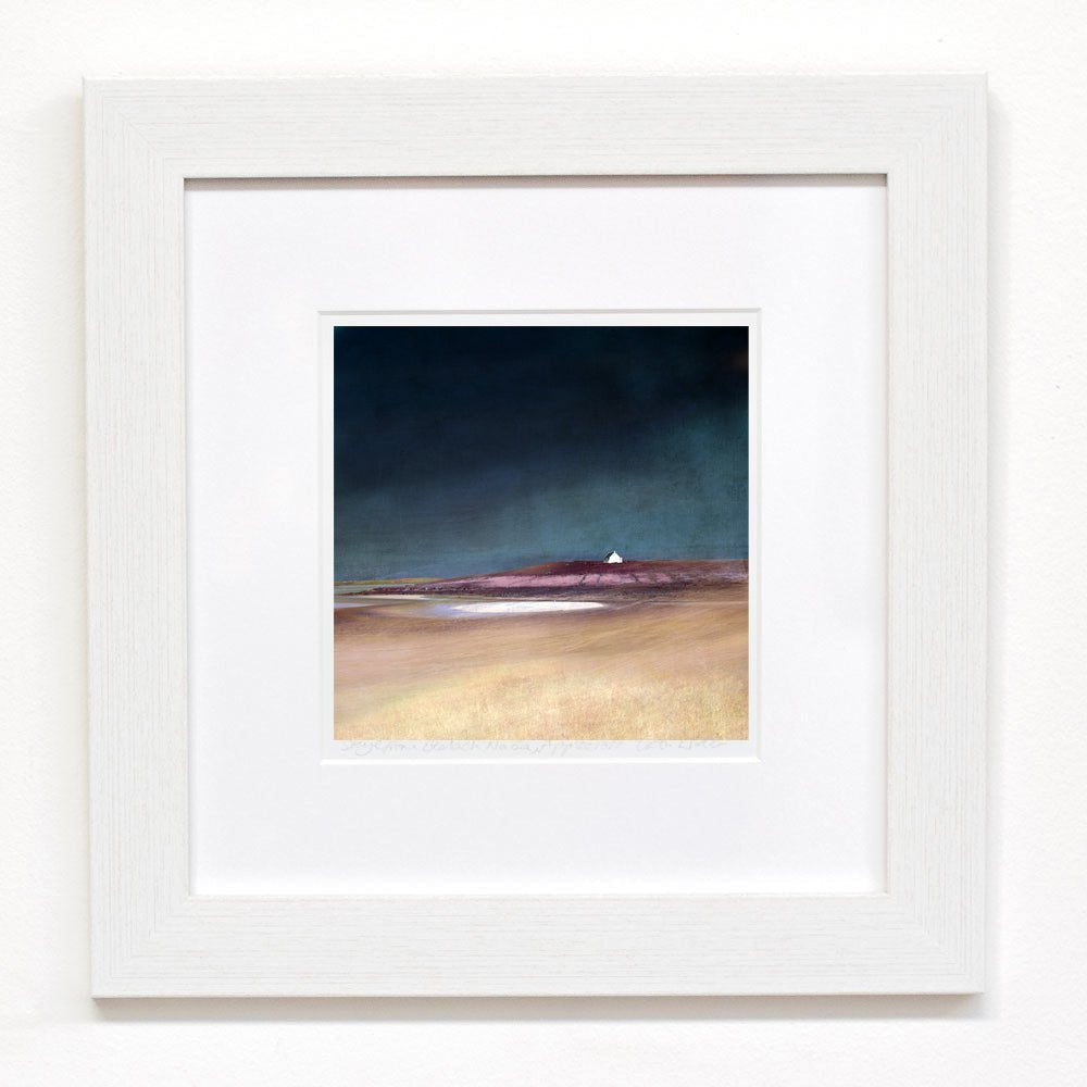 Uist Machair minimalist landscape print by Cath Waters, stormy skies over tan earth