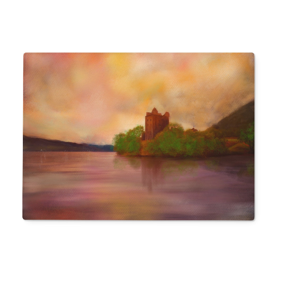 Urquhart Castle Dusk Glass Chopping Board featuring a painting of a castle on an island in a lake