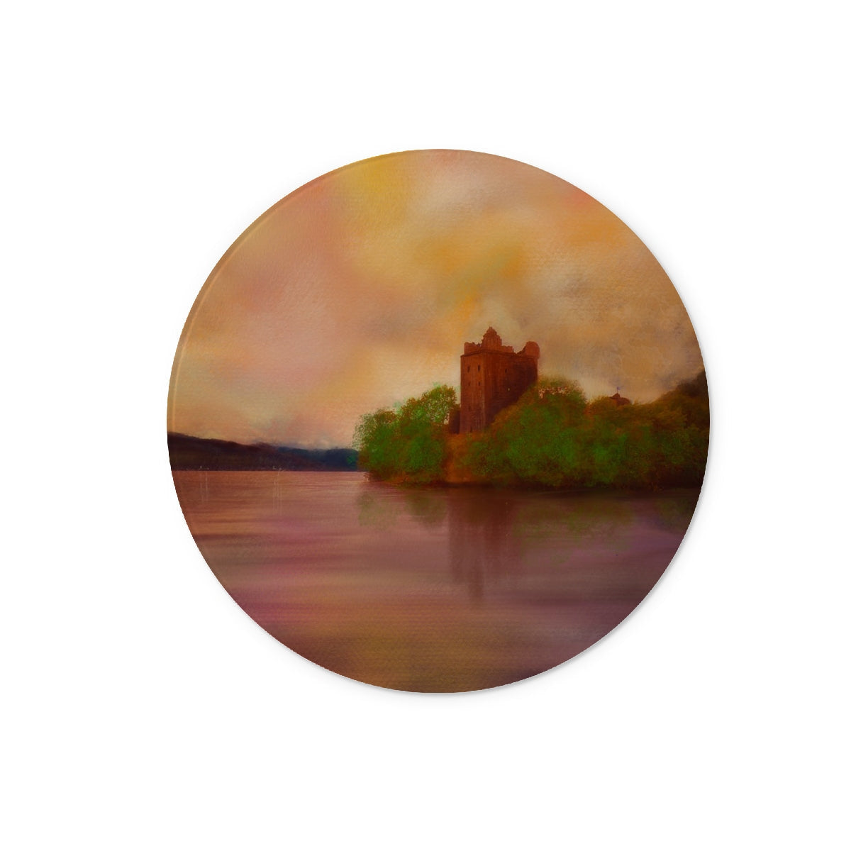 Circular painting of Urquhart Castle on a lake at sunset on the Urquhart Castle Dusk Glass Chopping Board
