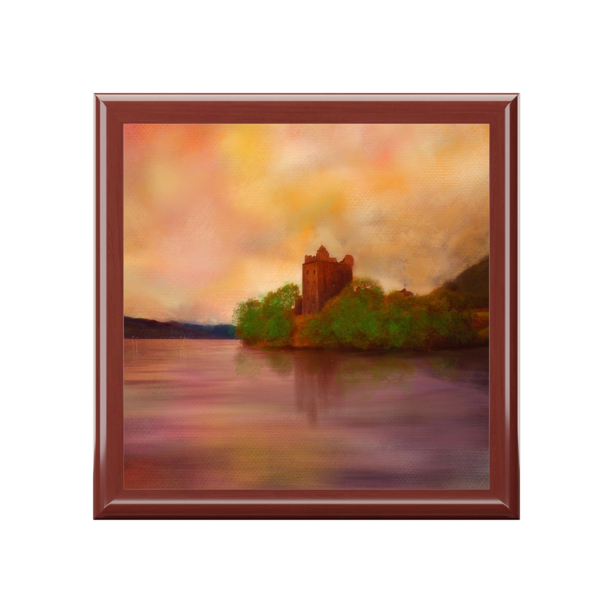 Framed painting of Urquhart Castle by a lake at sunset on a Scotland jewelry box