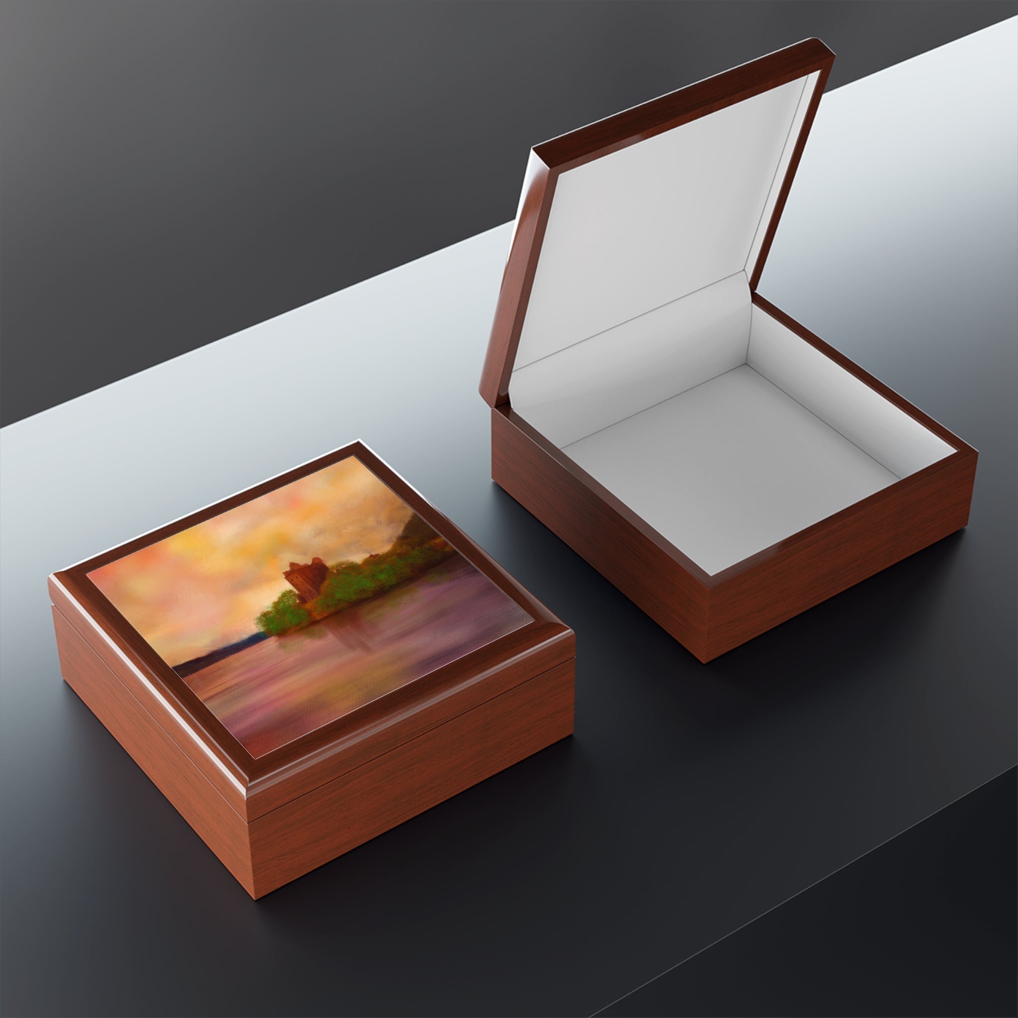 Wooden Urquhart Castle jewellery boxes, one closed with painted lid, one open with white interior