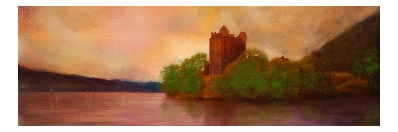 Vibrant oil painting of Urquhart Castle on Loch Ness at sunset for panoramic prints