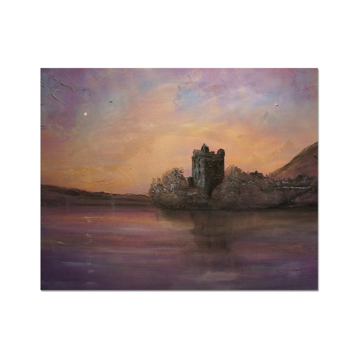Urquhart Castle Moonlight Artist Proof Collector Print depicting a castle by a lake at sunset