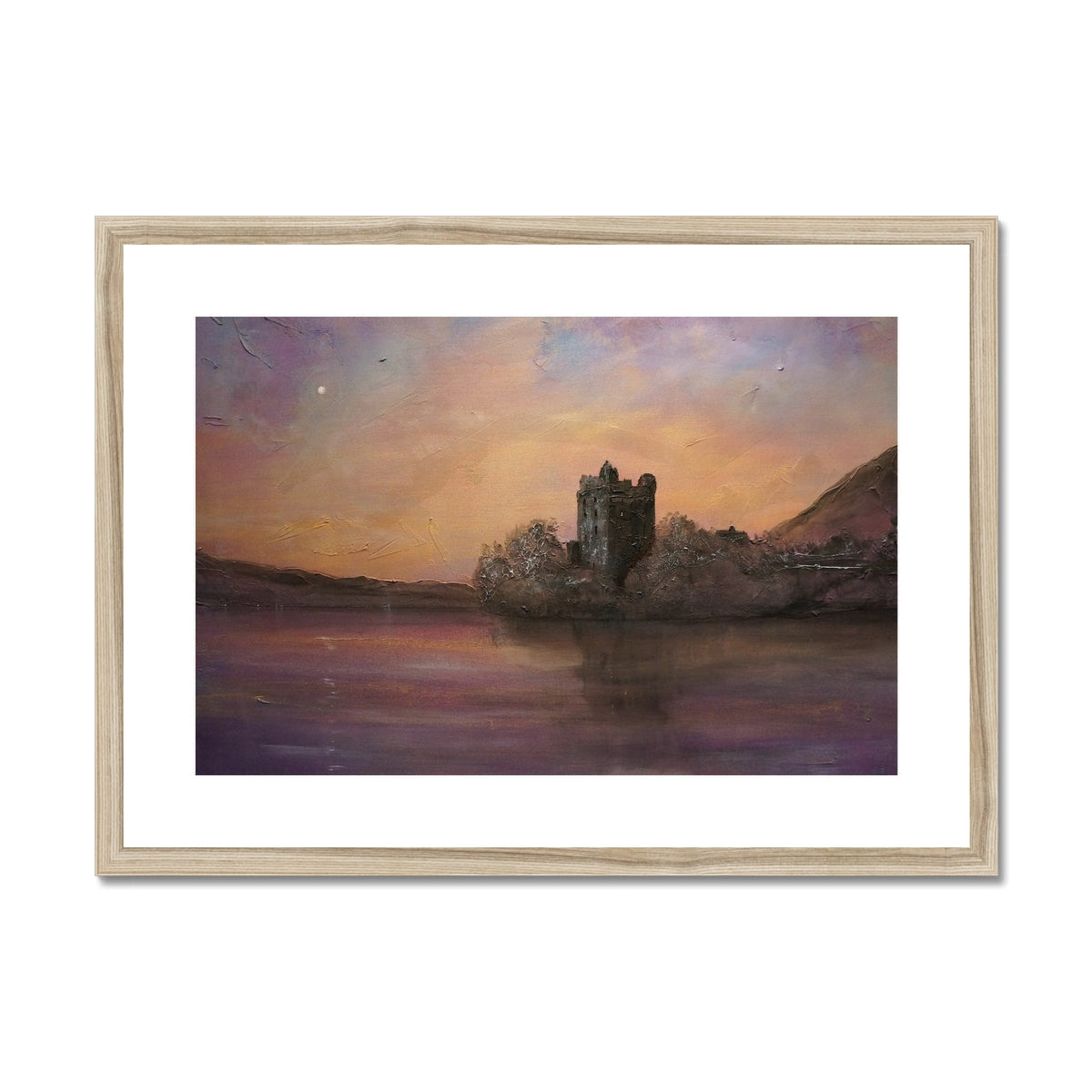 Framed oil painting of Urquhart Castle by a lake at sunset for Urquhart Castle Moonlight print