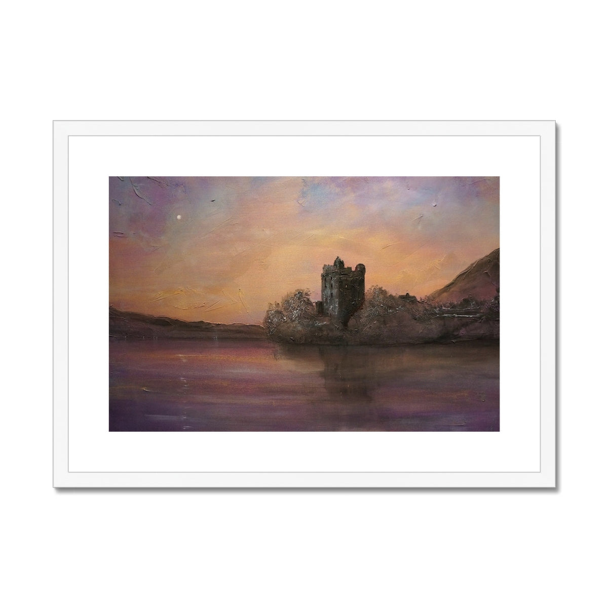 Urquhart Castle Moonlight Framed & Mounted Print featuring a castle by a lake at sunset