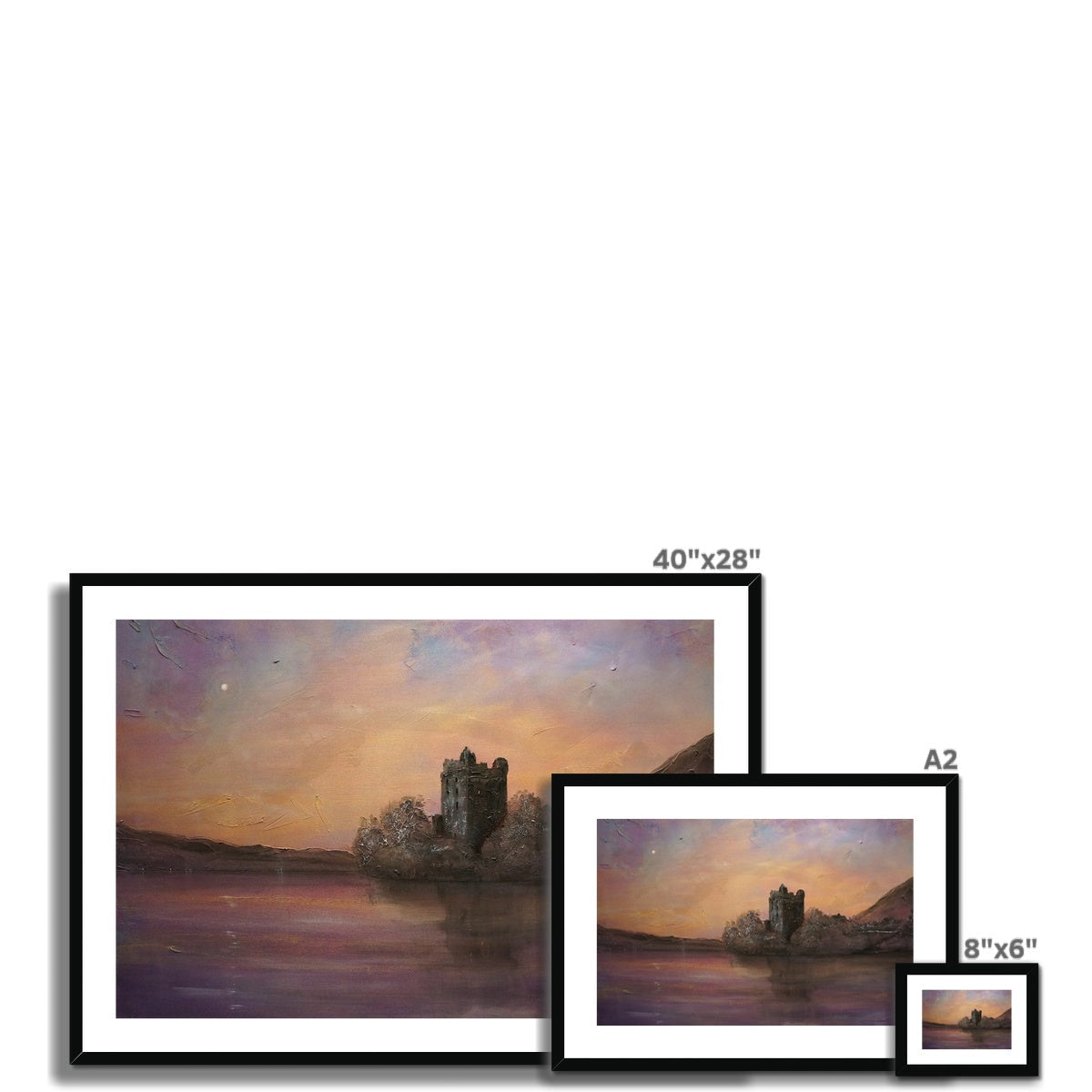 Framed landscape print of Urquhart Castle by a lake at sunset for home decor