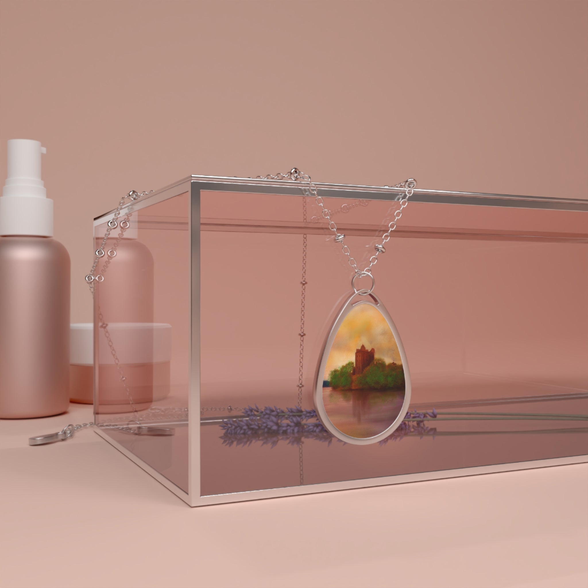 Silver chain necklace with teardrop-shaped pendant showcasing a scenic landscape of Urquhart Castle in Scottish jewelry